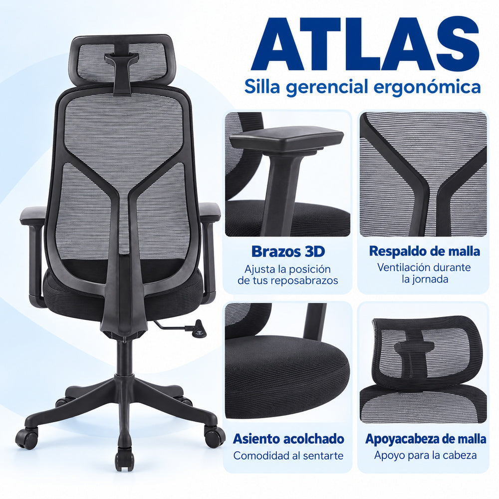 Silla Gerencial Ergonómica Atlas 3D – Negro