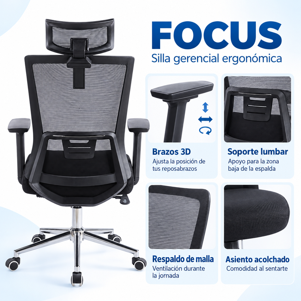 Silla Gerencial Ergonómica  Focus 3D – Negro